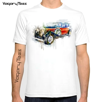 Homme улично облекло тениска реколта автомобилни акварел живопис тениска мъже лято нов бял случайни къс ръкав тениска