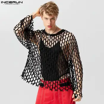 INCERUN Tops 2023 Модни мъжки кухи дизайнерски мрежести тениски Стилен мъжки парти Solid All-match O-образно деколте с дълъг ръкав S-5XL