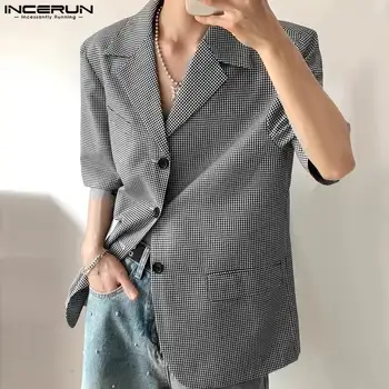 INCERUN Tops 2024 Корейски стил Нова мъжка мода кариран дизайн костюм палта Ежедневни улично облекло мъжки ревера къс ръкав нетактичност S-5XL