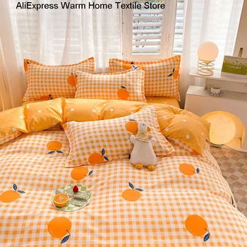INS Orange Checkerboard Duvet Cover Bed Sheet Pillowcases Twin Full Double Size Floral Bedding Set Decor Home For Kids Girls