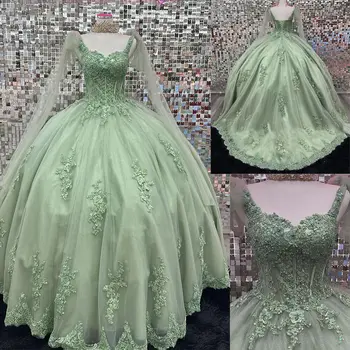 IRIDESCENT Блестящо зелено цвете мъниста принцеса Quinceanera рокли рожден ден парти без гръб абитуриентски рокли Vestidos de 15 Años