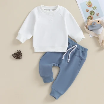 Infant Baby Boy Girl Solid Outfit Toddler Fall Clothes Дълъг ръкав Crewneck суитчър с джобни еластични панталони