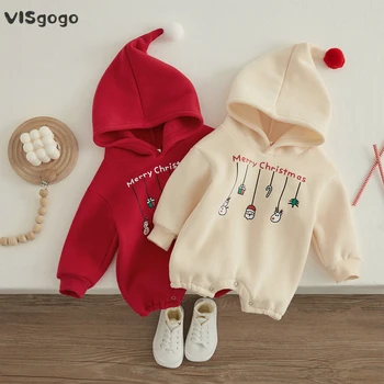 Infant Baby Boys Girls Christmas Romper Long Sleeve Thicken Hooded Letters Print Jumpsuit Fall Winter Clothes