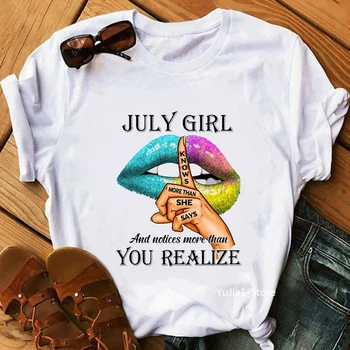 July Girl Knows More Than She Says TTA Graphic Print Tshirt Women Rainbow Lips T Shirt Femme Summer Fashion T-Shirt Female
