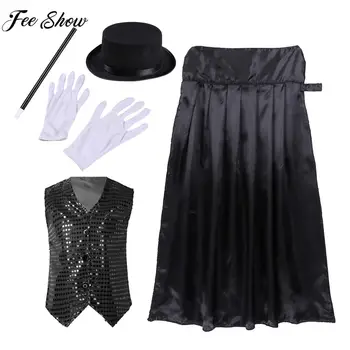 Kids Boy Magician Cosplay Costume Halloween Theme Party Circus Roleplay Outfit Shiny Sequin Vest with Cape Hat Magic Wand Gloves