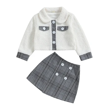 Kids Girl Fall Outfits Turn Down Collar Buttons дълъг ръкав плюшени палта върхове карирани поли 2Pcs дрехи комплект