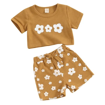 Kupretty новородено бебе момиче летни дрехи оребрени плетени къс ръкав флорални тениски изрязване върховете шорти набор