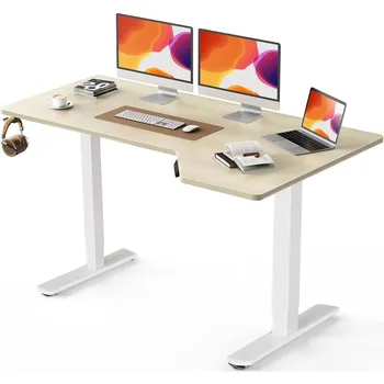L форма електрически стоящ бюро, 55x34 инчов стоящ бюро регулируема височина с кука за слушалки, голям компютър бюро седят-стойка