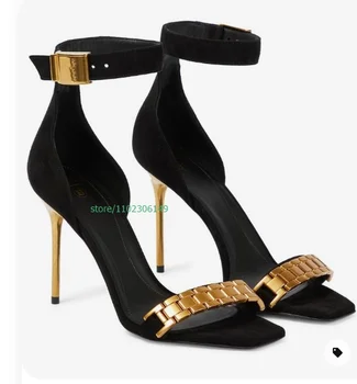 Lady Gold метален дизайн високи токчета отворени пръсти златни токчета сандали велур покритие петата обувки парти рокля елегантен високи токчета размер 35-44
