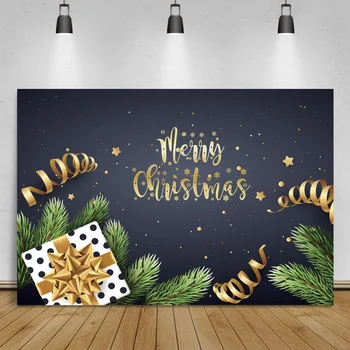 Laeacco Коледа златна звезда панделка Подаръчна кутия на точки Борови листа Черен фон Семейно парти Детски фотографски декори