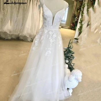 Lakshmigown Официални елегантни сватбени рокли Дължина на пода Дълги спагети презрамки A-line тюл булчински рокли апликации abito da sposa