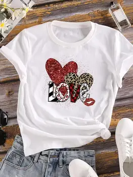 Leopard Love Heart Trend 90s Style Fashion O-neck T Shirt Graphic T-shirts Print Short Sleeve Clothing Tee Top Women Clothes