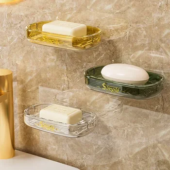 Light Luxury Clear Drain Soap Box Баня Двойна стена Висяща смукателна чаша Държач за сапун Безплатна перфорация без неръждаема сапунена кутия