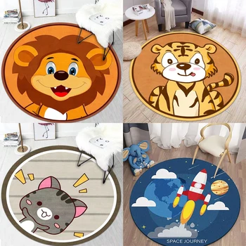 Lion Rocket Print Кръгъл килим за хол Животински неплъзгащи се килими Kawaii за деца Спалня Врата Мат Естетична стая Декор Hoom