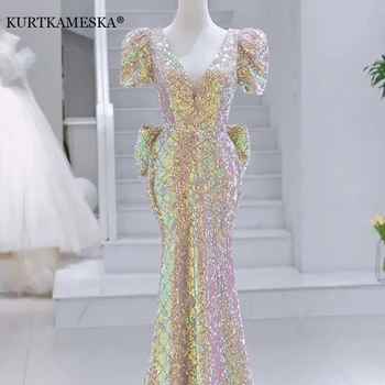 Luxury Slim Fit Sequined Koi цвят сватбени рокли за булката елегантен секси тънък ръкав дълга абитуриентска парти рокля жени vestidos