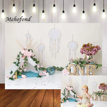 Mehofond Photography Background Bohemian Dream Catcher Floral Camping Tent Girl 1st Birthday Cake Smash Фоново фотостудио
