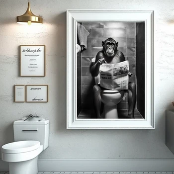 Monkey Sitting On The Toilet Reading Newspaper Funny Animal Bathroom Wall Art Decor Print Toilet Room Humour Poster Home Decor