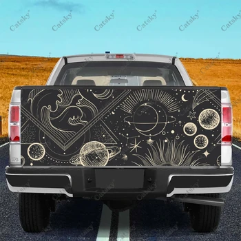 Mystical Golden Stars Moon Truck Tailgate Wrap Professional Grade Material Universal Fit for Full Size Trucks Устойчив на атмосферни влияния