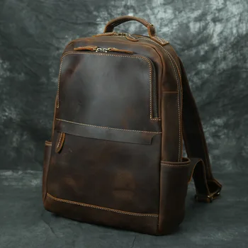 New Fashion Leather Bagpack за пътуване естествена кожа мъжка раница лаптоп чанта луд кон кожа daypack на мъжете мъжки