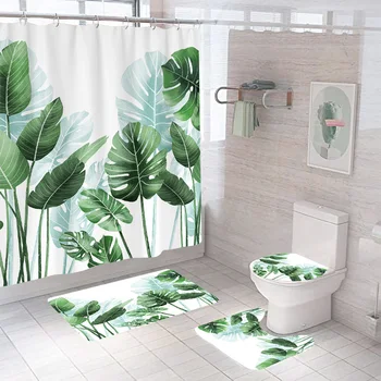 Nordic душ завеса комплект с нехлъзгащ килим килим зелен отпуск модерна баня завеса тоалетна капак капак баня мат декорация дома