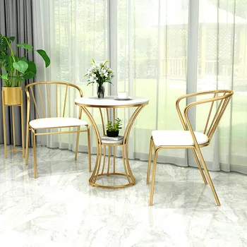 Nordic прост кръг мрамор масичка за кафе комплект столове луксозно злато желязо ресторант стол за хранене Малка маса Хол мебели MC