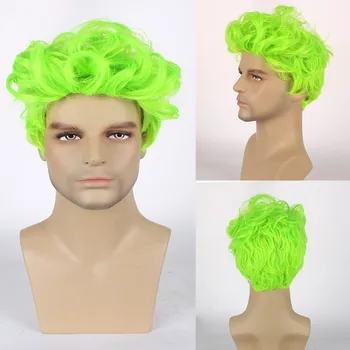 OUCEY Cosplay перука мъжки синтетични перуки за коса за мъже къса зелена перука къдрава вълнообразна парти перука човек