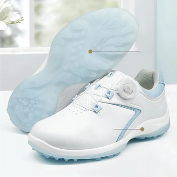 PGM Дамски обувки за голф водоустойчиви леки копчета ключалка обувки дишащи неплъзгащи се маратонки бяла микрофибърна кожа