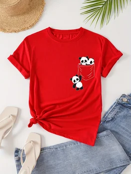 Panda печат екипажа врата тениска, случайни къс ръкав тениска за пролетта & лято, случайни основи О-яка Дамско облекло