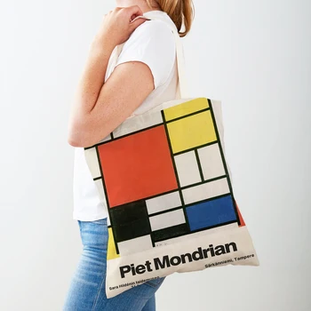 Piet Mondrian Геометрична линия Цветен блок Двоен печат Пазарска чанта Жени Чанти за пазаруване Дама платно Tote многократна употреба пътуване чанта