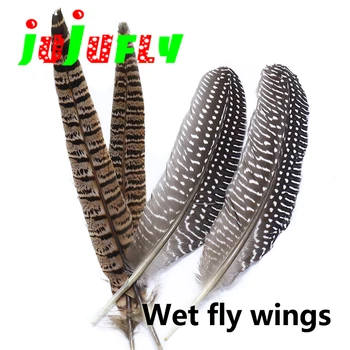 Premium 5pcs крилати материали муха връзване пера кокошка фазан опашка гвинея струя перо пъстърва риболов мокри мухи обвързване материали
