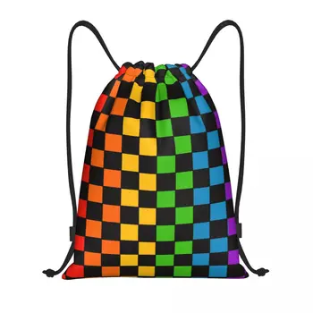 Rainbow Checkerboard Checked Pattern Drawstring Backpack Women Men Gym Sport Sackpack Portable Shopping Bag Sack