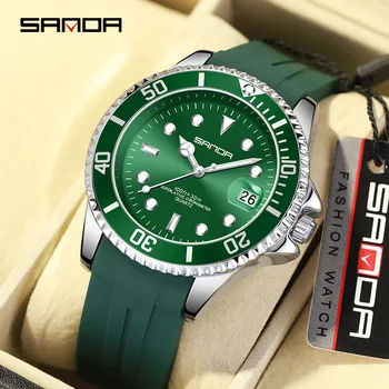 SANDA 7018 Мъжки кварцов часовник зелен черен луксозен моден светлинен показалец за дата силиконови ръчни часовници за мъжки часовници подарък