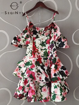SEQINYY Сицилия мини рокля без презрамки лято пролет нов моден дизайн жени писта къс ръкав къдри цвете реколта печат
