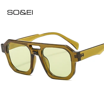 SO&EI Ретро двойни мостове Полигон квадратни слънчеви очила Жени Clear Ocean Lens Shades UV400 Мъжки пънк маслинено зелени слънчеви очила