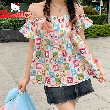 Sanrio Hello Kitty T Shirt Мода Жени Off Shoulder Strap Top Summer Oversize Y2k Short Blouser Casual Streetwear Clothes