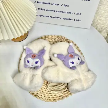 Sanrio Kuromi Cinnamoroll момичета зимни топли ръкавици Kawaii аниме Pochacco деца ветроупорен и студоустойчив оглавник врата плюшени ръкавици