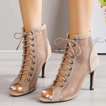 Sexy Peep Toe Mesh Net Boots High Heel Latino Shoes 2024 Fashion Stilettos Jazz Dance Female Shoes Lace-Up Heels Sandals 9.5 CM
