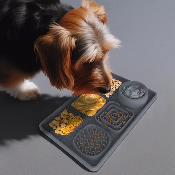 Slow Feeder Dog Bowls - 6 в 1 Dog Licking Mat - Без разливане Силиконова скука Намаляване на тревожността Оближе Pad с вендузи