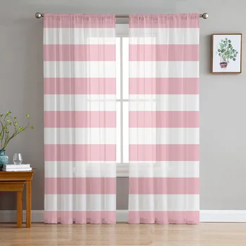 Stripes Розови бели тюл завеси за хол спалня кухня декорация шифон прозорец лечение Voile отвесни завеса