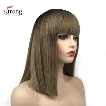 StrongBeauty Дамска синтетична перука Ombre Hair Natural Neat Bang Прическа златисто кафява дълга права перука