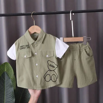 Summer Boy Infant Set 2023 Cartoon Fashion Turn-down Collar Single Breasted Short Sleeve Shirts and Shorts Детски момчета екипировки