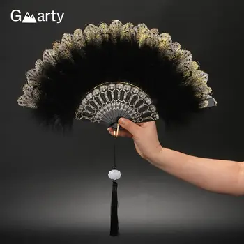 Sweet Lolita Feather Folding Fan Court Dance Hand Fan с висулка