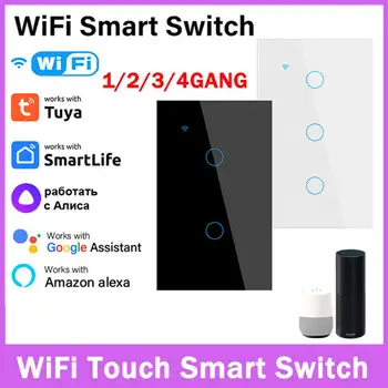 Tuya Smart Wifi сензорен превключвател Не се изисква неутрален проводник Интелигентен дом 1/2/3/4 Поддръжка на превключвател на светлината на бандата Alexa Google Home Tuya App
