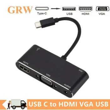 USB C към HDMI VGA USB PD конвертор с 3.5mm жак 5 в 1 Type-C HUB адаптер за MacBook Samsung Huawei Xiaomi телефон лаптоп
