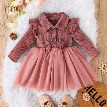 VIPOL Бебе Малко дете момичета рокля дълъг ръкав A-линия деца принцеса облекло есен пролетта окото лък детски дрехи за 1 2 3 година