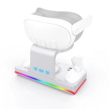 VR база за зареждане, съвместима с Meta Quest 3 с цветни дихателни светлини VR Grip зарядна станция за VR аксесоари