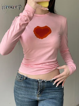 Weekeep Basic Pink Y2k Crop Top Жени Дълъг ръкав Сладък сърце печат T Shirt Корейска мода Harajuku тениски есен зима случайни