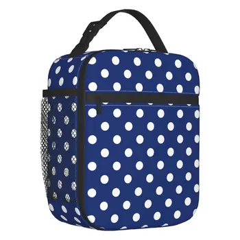 White Polka Dots Navy Blue Seamless Pattern Portable Lunch Box Women Multifunction Thermal Cooler Food Insulated Lunch Bag Kids