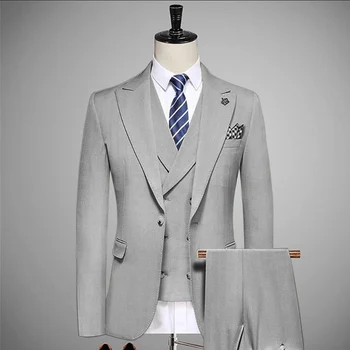 XS-5XL Официални мъжки бизнес панталони Slim Fit панталони 3 броя Blazer + Vest + панталони Мъжко палто яке връх ревера твърди Groomsmen плосък костюм