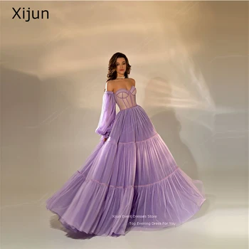 Xijun Люляк Вечерни рокли 2023 Точка тюл свалящи се ръкави Скъпа линия Дълга дължина на пода Обратно Абитуриентски рокли Парти рокли